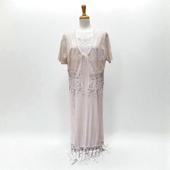 VTG Magnet Art Lynn Yang 2 Piece Set Maxi Dress Top Sz L Pastel Pink Crochet 90s - Picture 2 of 16